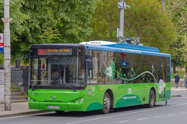 Belgrad, Sırbistan - 06 Mayıs 2022: Şehir Merkezinde Saf Yeşil Otobüs Toplu Taşımacılığı.