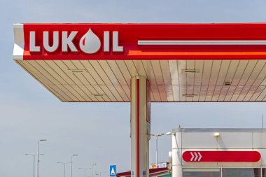 Belgrade, Serbia - May 08, 2022: Russian Petroleum Company Sign Lukoil at Petrol Station.