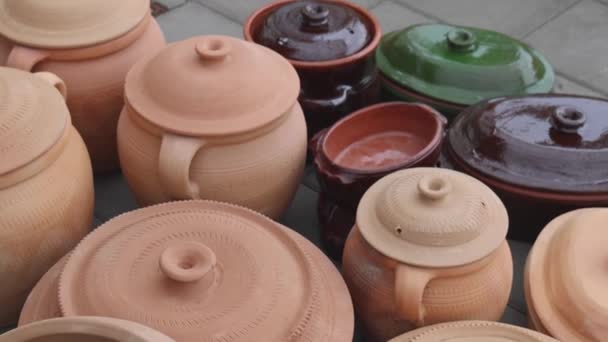Clay Earthenware Pottery Ceramic Pots Jugs Variety Choice Pan — Video Stock