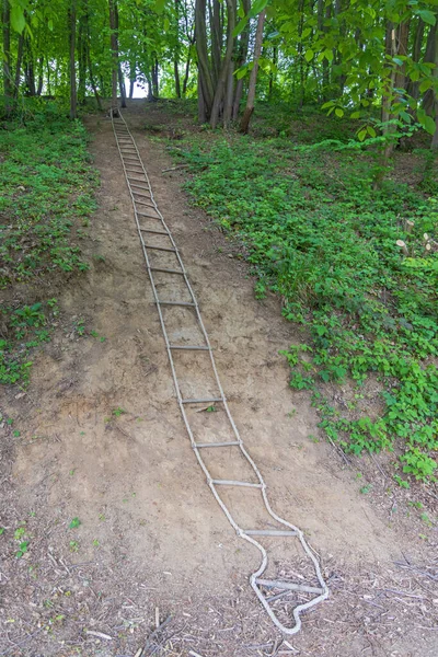 Long Rope Stege Vid Hill Trä Klättringsstöd — Stockfoto