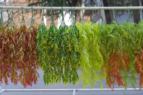 Κρεμαστά Πράσινα Πλαστικά Φυτά Αφήνει Τεχνητή Διακόσμηση — Φωτογραφία Αρχείου