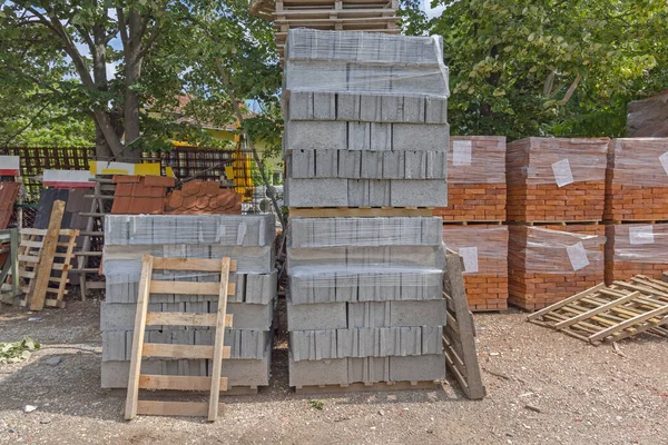 Betonové Bloky Cihly Stavebním Materiálu Palety — Stock fotografie