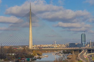 Belgrad, Sırbistan - 23 Kasım 2021: Başkentte Sava Nehri üzerindeki Ada Pylon Köprüsü Sonbahar Günü.