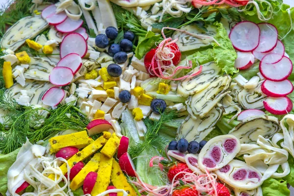 Mezclar Variedad Quesos Frutas Verduras Selección Alimentos Buffet — Foto de Stock