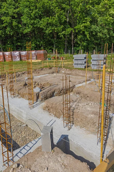 Reinforced Concrete Iron Rebar House Foundations Construction Site — Stok Foto