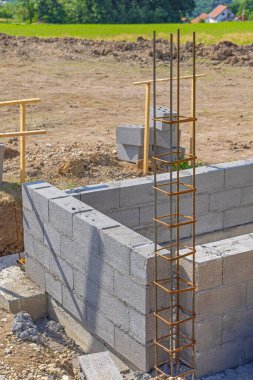 Concrete Blocks With Rebar House Foundation Construction Site