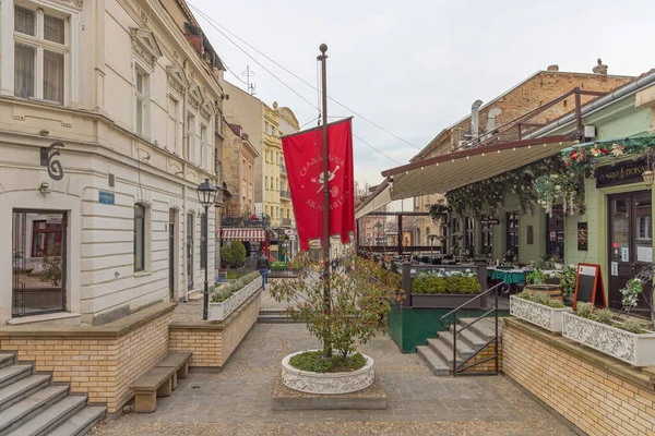 Belgrade Serbia March 2022 Red Flag Pole Landmark Vintage Street — Zdjęcie stockowe