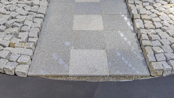 Glossy Grey Tiles Cobblestones Granite Material Construction Site — ストック写真