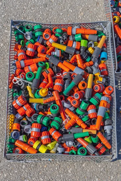 Plastic Hose Fittings Connectors Valves Gardening Equipment Tray — Zdjęcie stockowe