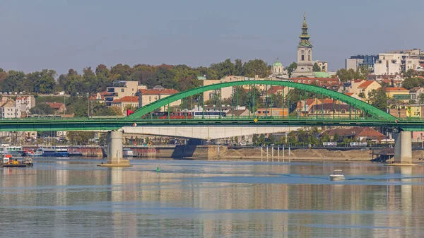 Green Arch Bridge Old Belgrade City River Sava Fall — Stock Photo, Image