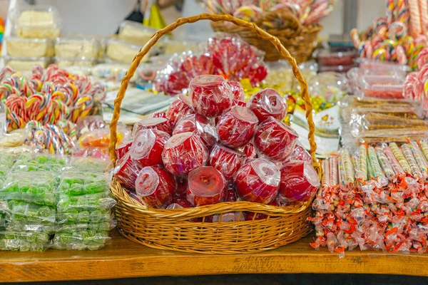 Red Candy Apples Basket Fun Fair — Stock Photo, Image