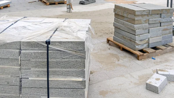 Stacked Pavement Tiles Pallets Street Construction Site — 图库照片