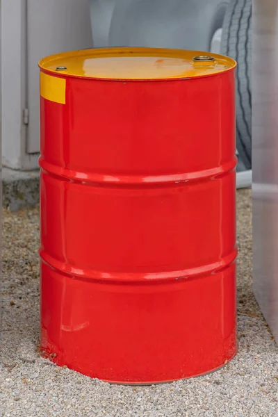 One Big Red Oil Drum Steel Metal Barrel — 图库照片