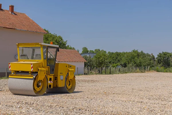 Yellow Compaction Double Roller Machine New Construction Site — Stok fotoğraf