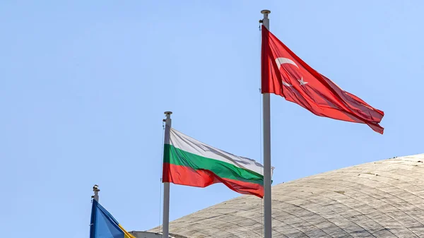 National Flags of Bulgaria and Turkey Countries Together Sunny Day