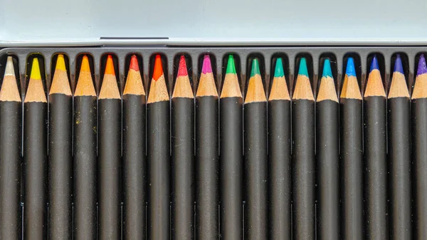 Colored Wooden Pencils Sharp Tips Artist Set Box — Fotografia de Stock