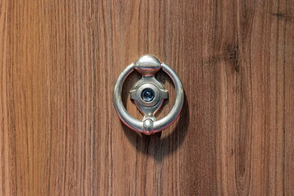 Metal Knocker Integrated Peephole Lens Wooden Door — Stock Fotó