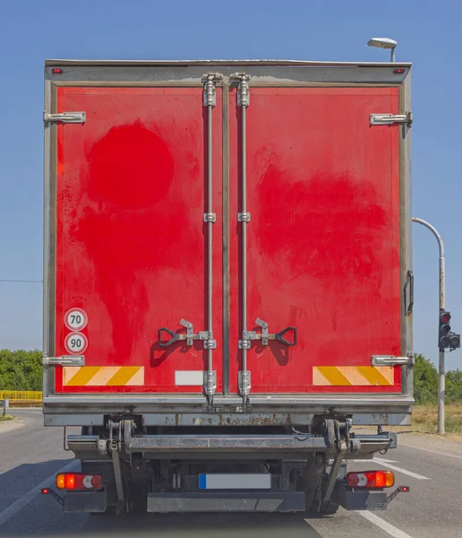 Closed Rear Doors Red Truck Folded Ramp — Stock Photo, Image