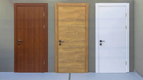 Closed Three Wooden Doors Choice House Interior — Zdjęcie stockowe