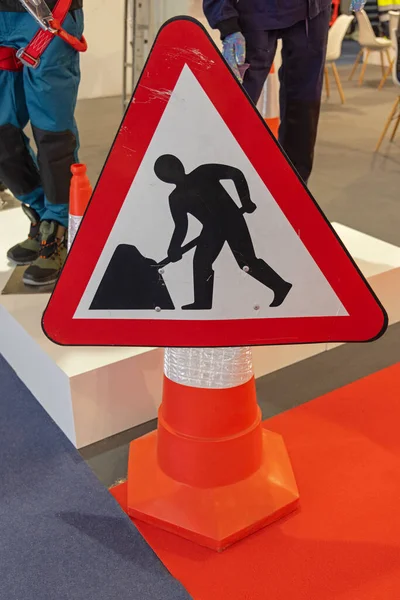 Road Works Caution Traffic Sign Warning Indoor — 图库照片