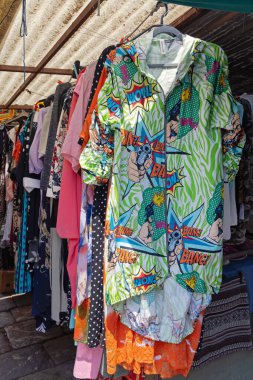 Belgrade, Serbia - July 24, 2022:  Long Shirt Top Print Comics Theme Bang Bang Wow by New Collection at Flea Market.