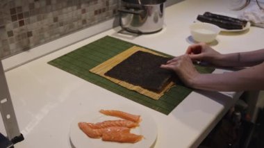 Green Algae With Raw Salmon Fish Home Made Japanese Cuisine Sushi Attempt