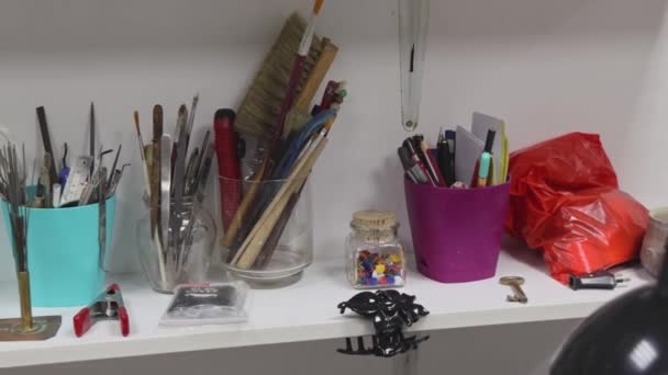 Art Craft Tools Shelf Creative Workshop Pan — Wideo stockowe