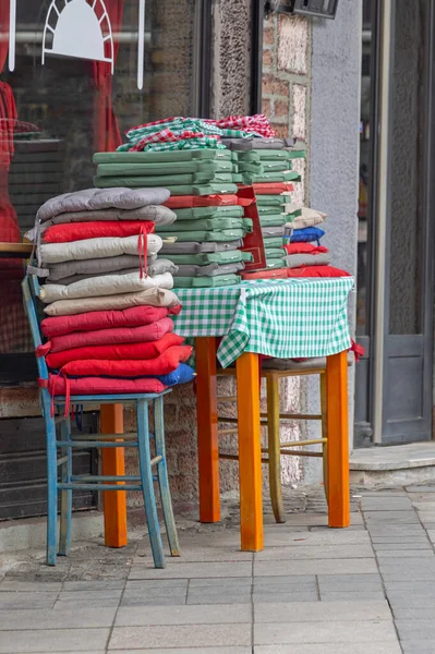 Big Pile of Colourful Dining Chairs Cushions Pads Outdoor