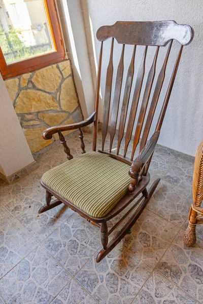 Wooden Rocking Chair Tiled Floor Terrace — Zdjęcie stockowe
