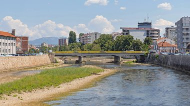 Nis, Serbia - August 04, 2022: Low Tide at Nisava River Flowing Through City at Hot Summer Day.
