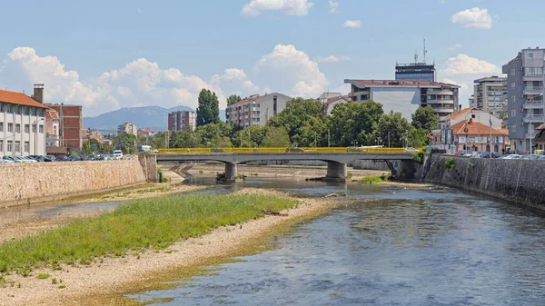 Nis, Serbia - August 04, 2022: Low Tide at Nisava River Flowing Through City at Hot Summer Day.