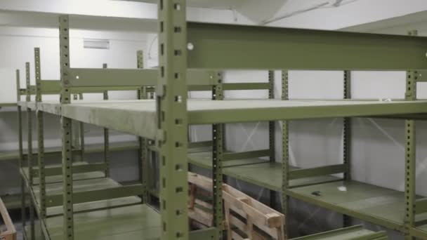 Empty Storage Room Warehouse Green Shelf Rack Pan — Video