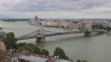 Renovation of Chain Bridge Szechenyi Over Danube River in Budapest at Summer Day