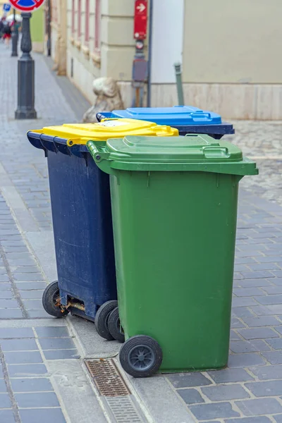 Sorting Waste Three Colour Coded Wheelie Bins Street — Zdjęcie stockowe