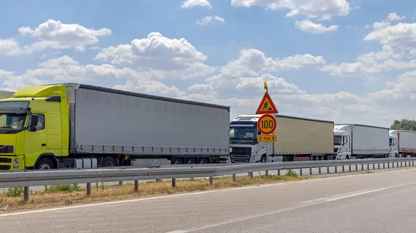 Long Queue Lorry Cargo Trucks Stucked Europe Border Entry — Stock Fotó