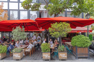 Budapest, Hungary - July 31, 2022: Famous Celebrity Chef Jamie Oliver Italian Restaurant Within Buda Castle Walls at Summer Day.