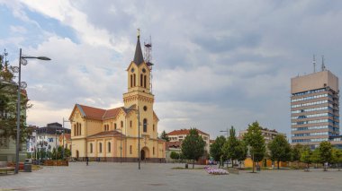 Zrenjanin, Serbia - July 30, 2022: Saint John of Nepomuk Roman Catholic Cathedral at Freedom Square in City Centre.