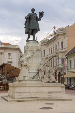 Szeged, Hungary - July 30, 2022: Statue of Lajos Kossuth at Klauzal Square Summer Afternoon in City Centre.