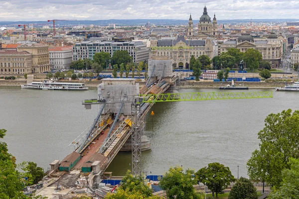 Budapest Hungary July 2022 Renovation Chain Bridge Szechenyi River Danube — Stock Fotó