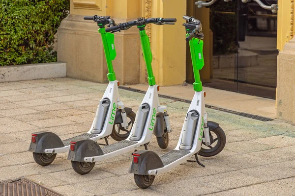 Szeged Hungary July 2022 Three Lime Electric Scooters Parked Street — Stock Photo, Image