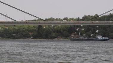 Self Propelled Barge Ship Passing Under Bridge at Danube River