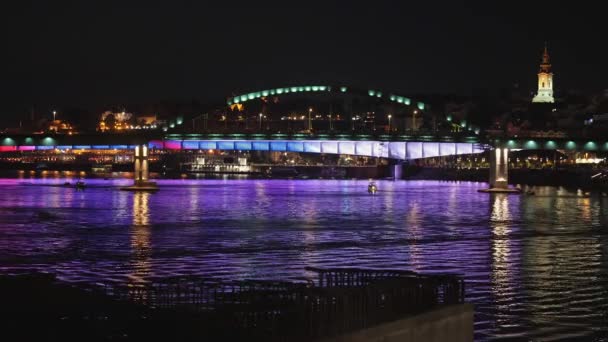 Old Arch Bridge River Sava Belgrade Night View — Stockvideo