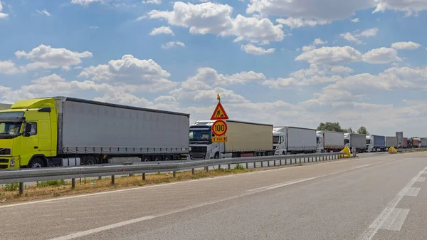 Long Queue of Cargo Trucks Stucked at European Union Border Entry