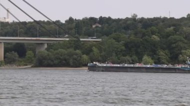Novi Sad, Serbia - August 19, 2022: Self Propelled Barge Ship Amici Passing Under Bridge at Danube River.