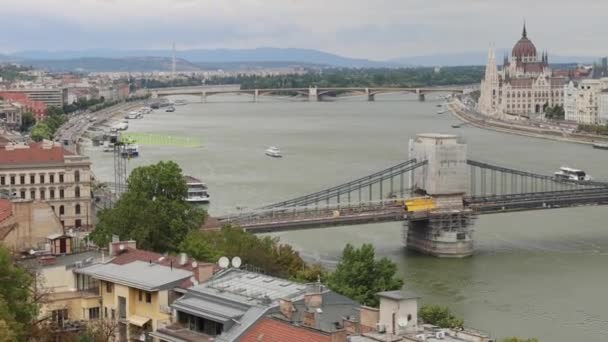 Renovation Szechenyi Chain Bridge River Danube Budapest Summer Pan — Stockvideo