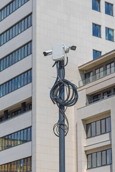 Cctv Surveillance Camera Pole Hanging Cables Wires — Zdjęcie stockowe