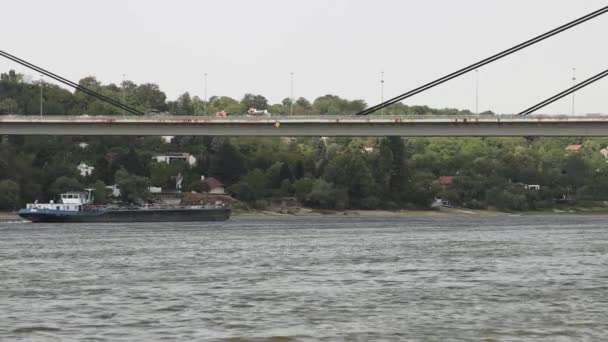 Barcaza Carga Cisterna Autopropulsada Que Pasa Bajo Puente Río Danubio — Vídeo de stock