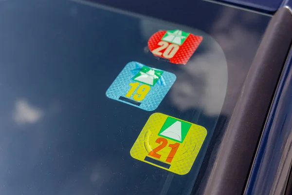 Three Swiss Road Tax Stickers Vignette Car Windshield — Stock Photo, Image