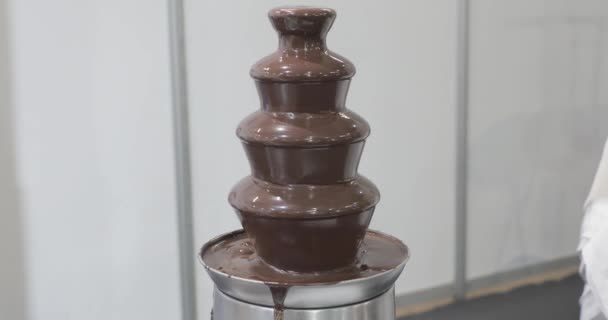 多層タワーミルクチョコレートフォンデュファウンテンマシン — ストック動画