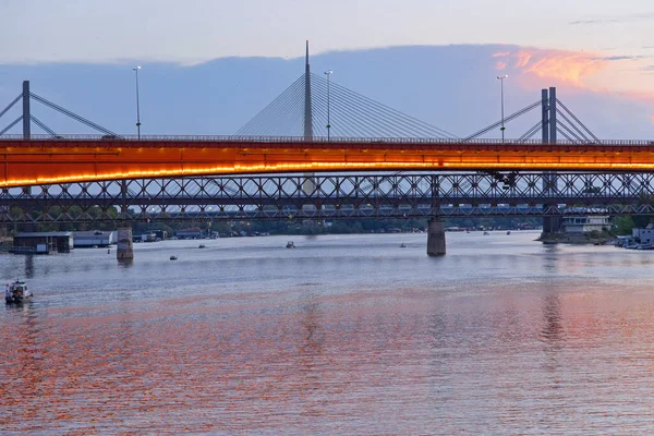 Quatro Pontes Sobre Rio Sava Belgrado Noite Verão — Fotografia de Stock